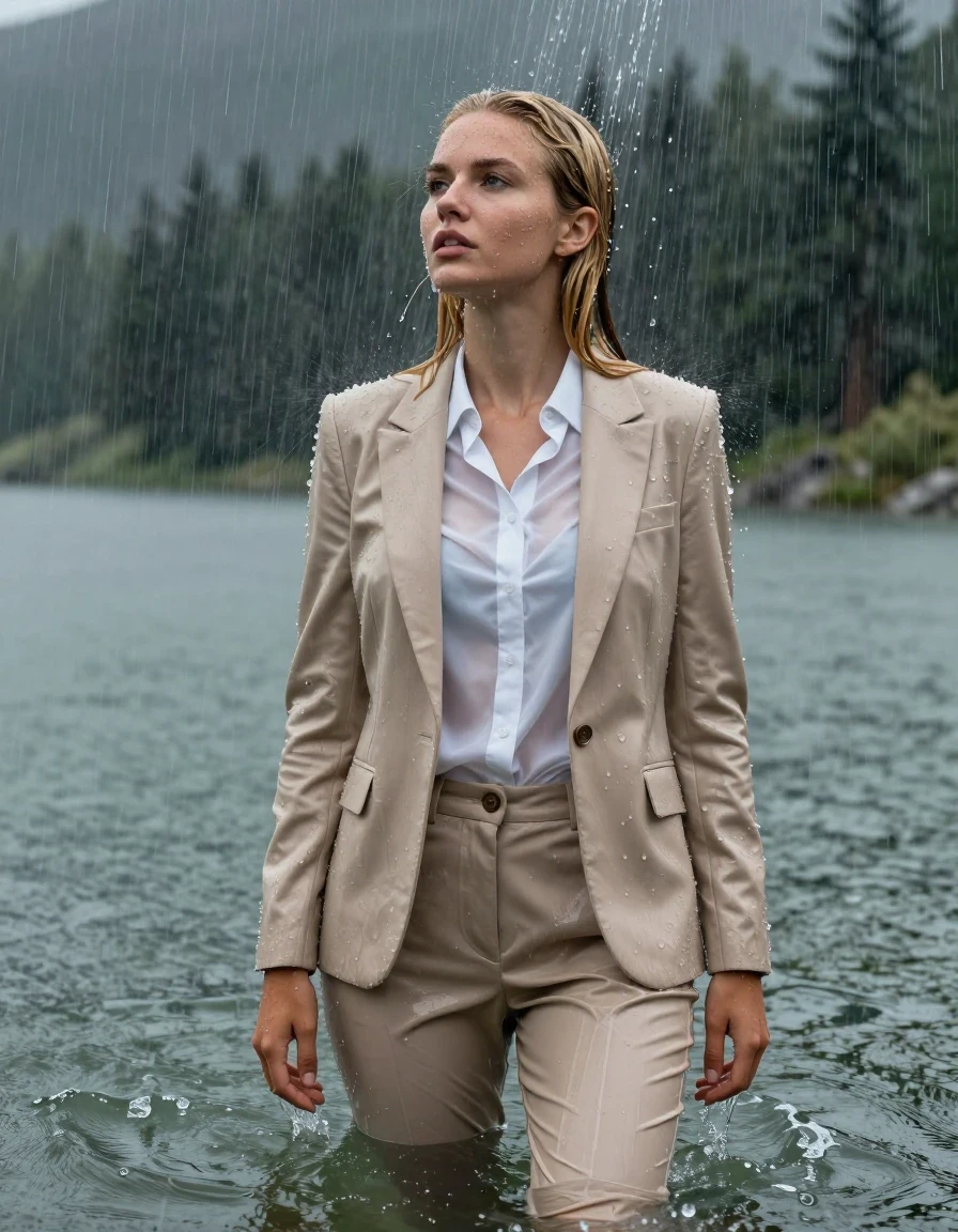 photo of young woman, in soaking wet, drenched clothes,
Beige Business Suit Trouser, White Button Down longsleeve Shirt, mountain lake with heavy Rain, 
enjoying, wet clothes stuck to body,
detailed textures of the wet clothes, wet face, wet plastered hair,
wet, drenched, professional, high-quality details, full body view.
sharp focus, ultra-high pixel detail, realistic, high-quality, full colors, incredibly detailed, 4k, 8k, 16k, hyper-realistic, RAW photo, masterpiece, ultra-detailed, professionally color graded, professional photograph, blonde european girl, standing in deep water, fully submerged up to her breasts, open eyes, showering under the rain, fully clothed, completely soaked, fully drenched, completely wet, wetlook, heavy rain, Long Layered Cut, side parting hair, rain storm, wet skin, wet clothes, damp fabric, clinging to body, shirt becomes translucent, full body view, 4k high resolution, wet skin, wet clothes, damp fabric, wet skin, wet clothes, damp fabric, wet skin, wet clothes, damp fabric, wet skin, wet clothes, damp fabric, wet skin, wet clothes, damp fabric, wet skin, wet clothes, damp fabric