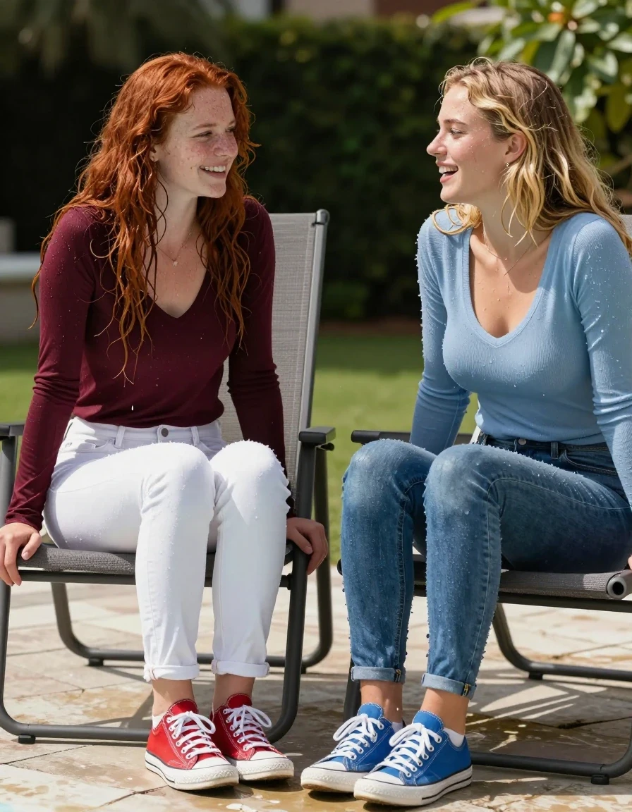 photo of young woman, in soaking wet, drenched clothes,
sneakers and white socks, jeans, tight thin long sleeve sweater vee neck, pool chairs next to a pool on a sunny day, 
enjoying, wet clothes stuck to body,
detailed textures of the wet clothes, wet face, wet plastered hair,
wet, drenched, professional, high-quality details, full body view.
sharp focus, ultra-high pixel detail, realistic, high-quality, full colors, incredibly detailed, 4k, 8k, 16k, hyper-realistic, RAW photo, masterpiece, ultra-detailed, professionally color graded, professional photograph, two college teens are sitting next to each other on patio chairs talking and laughing. One girl has long red hair, red sneakers, white denim jeans, maroon sweater and average breasts. The other girl has long blonde hair, blue sneakers, blue denim jeans, a light blue sweater and large breasts, wet skin, wet clothes, damp fabric