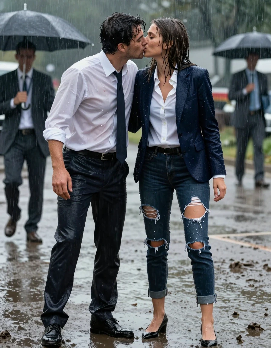 photo of young woman, in soaking wet, drenched clothes,
Shoes, Ripped office trousers , Ripped unbuttoned office shirt and ripped jacket, Newsreporter under heavy rain and mud, 
enjoying, wet clothes stuck to body,
detailed textures of the wet clothes, wet face, wet plastered hair,
wet, drenched, professional, high-quality details, full body view.
sharp focus, ultra-high pixel detail, realistic, high-quality, full colors, incredibly detailed, 4k, 8k, 16k, hyper-realistic, RAW photo, masterpiece, ultra-detailed, professionally color graded, professional photograph, Kissing naked man, wet skin, wet clothes, damp fabric