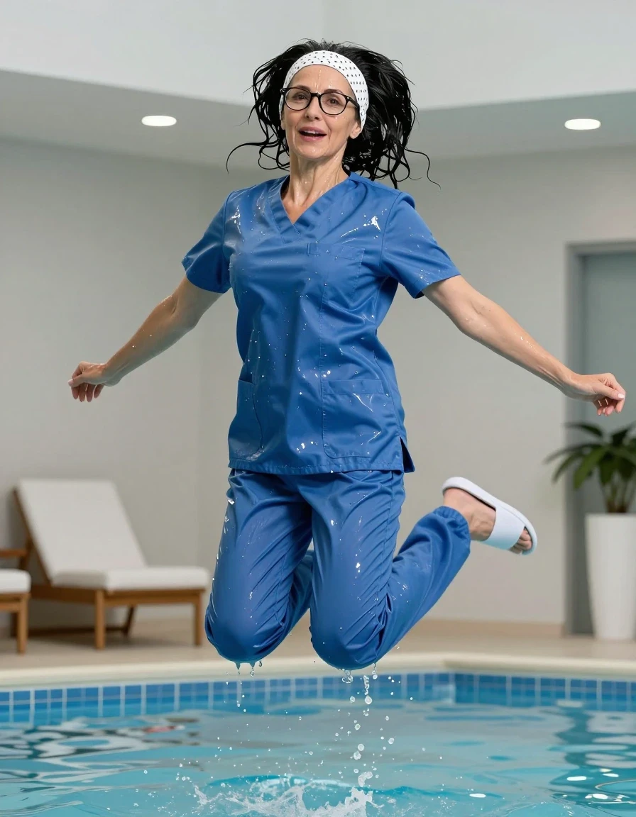 photo of young woman, in soaking wet, drenched clothes,
Slippers , Shiny Blue scrubs, Shiny Blue scrubs , Jumping after Bath in indoor pool, 
enjoying, wet clothes stuck to body,
detailed textures of the wet clothes, wet face, wet plastered hair,
wet, drenched, professional, high-quality details, full body view.
sharp focus, ultra-high pixel detail, realistic, high-quality, full colors, incredibly detailed, 4k, 8k, 16k, hyper-realistic, RAW photo, masterpiece, ultra-detailed, professionally color graded, professional photograph, european brunette skinny woman 50 years old, long dark black hair, office glasses, white headband wth black polka dots, very big and thick lips, complete body, wet skin, wet clothes, damp fabric, wet skin, wet clothes, damp fabric, wet skin, wet clothes, damp fabric, wet skin, wet clothes, damp fabric, wet skin, wet clothes, damp fabric, wet skin, wet clothes, damp fabric, wet skin, wet clothes, damp fabric, wet skin, wet clothes, damp fabric, wet skin, wet clothes, damp fabric