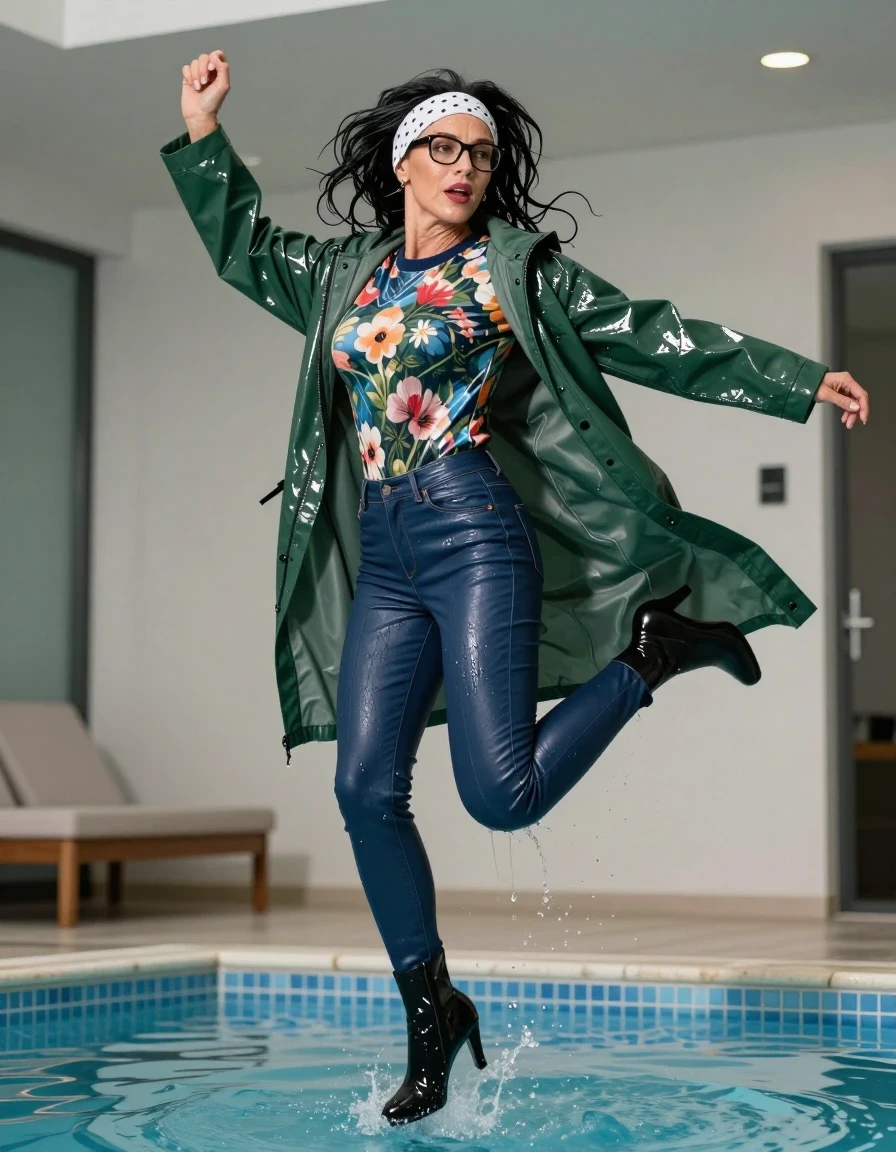 photo of young woman, in soaking wet, drenched clothes,
high-heeled  boots , Tight long blue shiny leather jeans ,  shiny floral  tight sweater with long sleeves, maxi dark green plastic rain coat, Jumping after Bath in indoor pool, 
enjoying, wet clothes stuck to body,
detailed textures of the wet clothes, wet face, wet plastered hair,
wet, drenched, professional, high-quality details, full body view.
sharp focus, ultra-high pixel detail, realistic, high-quality, full colors, incredibly detailed, 4k, 8k, 16k, hyper-realistic, RAW photo, masterpiece, ultra-detailed, professionally color graded, professional photograph, european brunette skinny woman 50 years old, long dark black hair, office glasses, white headband wth black polka dots, very big and thick lips, complete body, wet skin, wet clothes, damp fabric, wet skin, wet clothes, damp fabric, wet skin, wet clothes, damp fabric, wet skin, wet clothes, damp fabric, wet skin, wet clothes, damp fabric, wet skin, wet clothes, damp fabric, wet skin, wet clothes, damp fabric, wet skin, wet clothes, damp fabric, wet skin, wet clothes, damp fabric