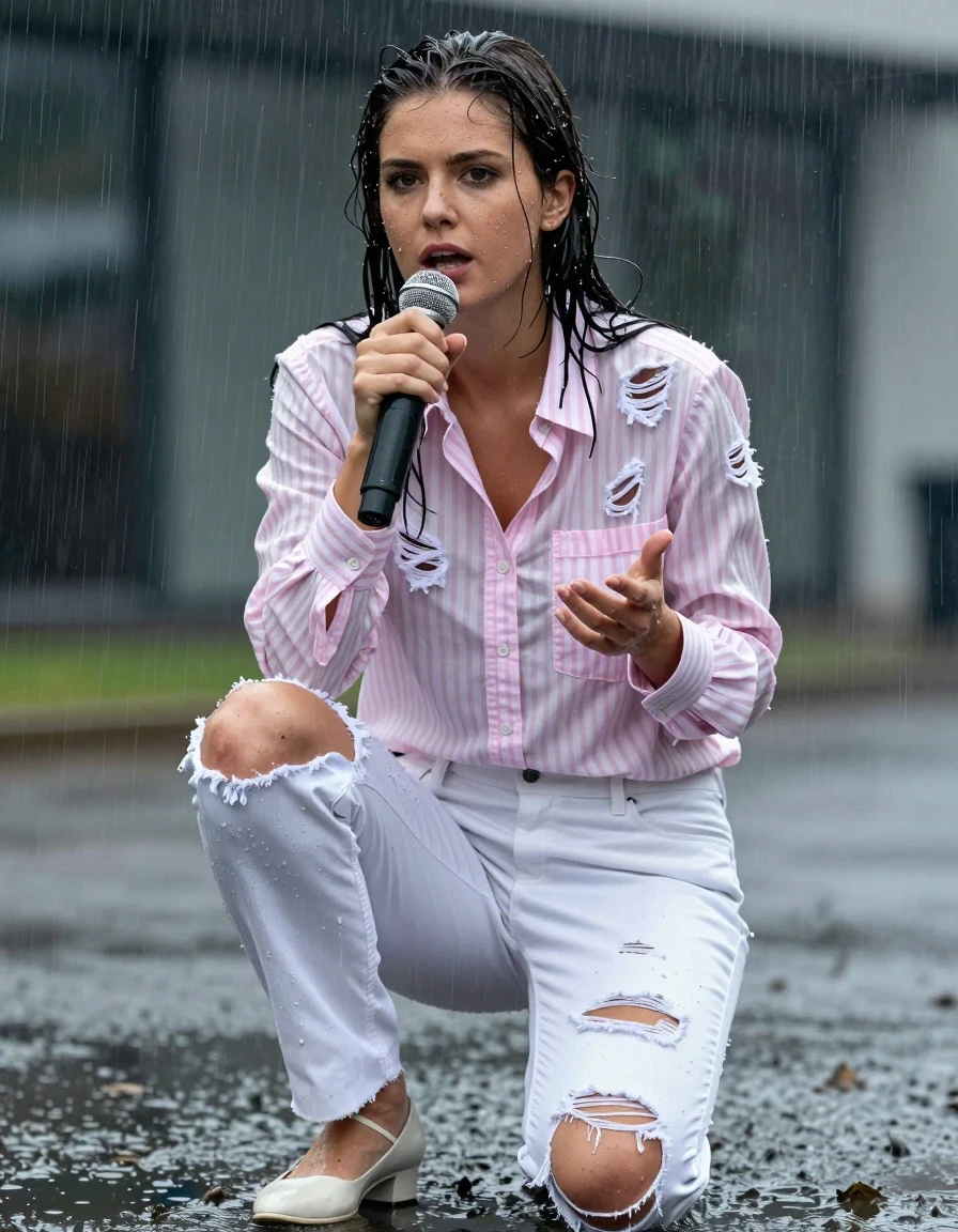 photo of young woman, in soaking wet, drenched clothes,
Shoes, Ripped office white trousers , Ripped unbuttoned office striped pink and white shirt and ripped jacket, Newsreporter under heavy rain and mud, 
enjoying, wet clothes stuck to body,
detailed textures of the wet clothes, wet face, wet plastered hair,
wet, drenched, professional, high-quality details, full body view.
sharp focus, ultra-high pixel detail, realistic, high-quality, full colors, incredibly detailed, 4k, 8k, 16k, hyper-realistic, RAW photo, masterpiece, ultra-detailed, professionally color graded, professional photograph, Speaking, wet skin, wet clothes, damp fabric