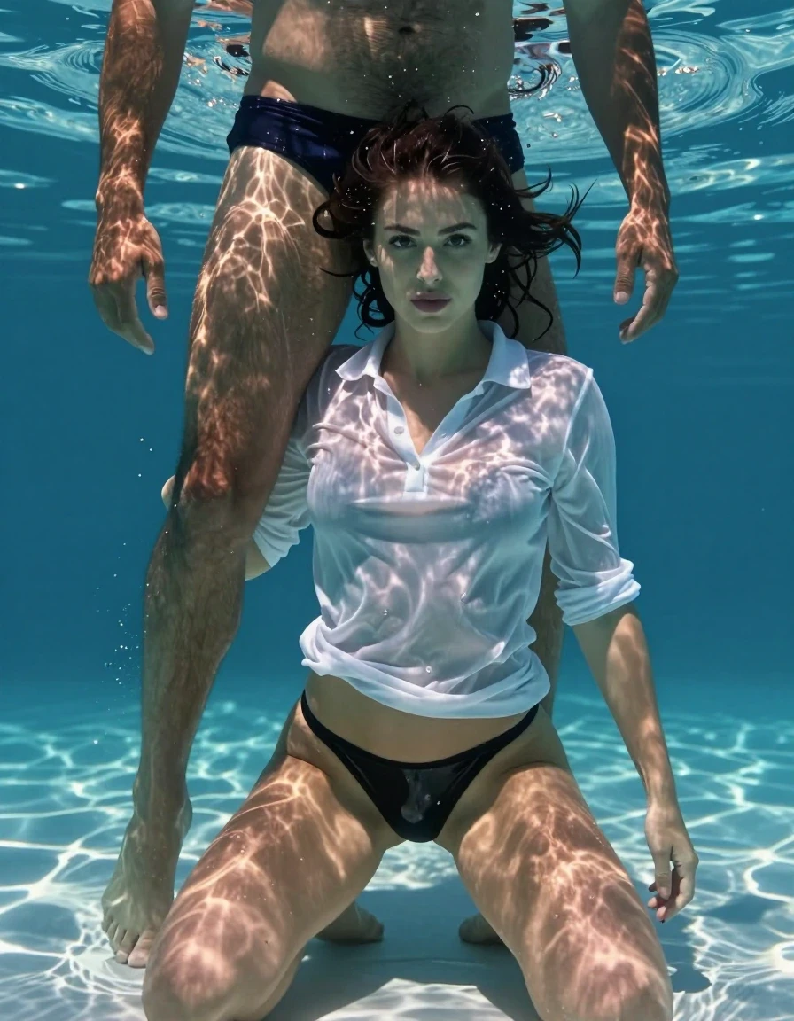 Photorealistic underwater shot of a young adult European woman with wet skin and hair, kneeling completely submerged in a crystal clear pool. She is wearing a soaking-wet, translucent white loose-fitting polo shirt that clings to her body, and a black wet glossy lycra thong that reflects light. The fabric of the polo shirt is heavily saturated, appearing darker and nearly transparent due to the water. In front of her, the lower torso of a man wearing swimming trunks is visible underwater, while his upper body remains above the water surface. The woman is positioned with her face directly in front of the man's intimate zone, looking up at his swimming trunks with a lascivious, erotic, sexy, and seductive expression. The scene features intense underwater lighting, creating strong highlights on the wet fabrics and skin, with realistic water refraction and caustic light patterns. High-detail, cinematic composition, 8k resolution, sharp focus on the interaction and textures of the wet garments.