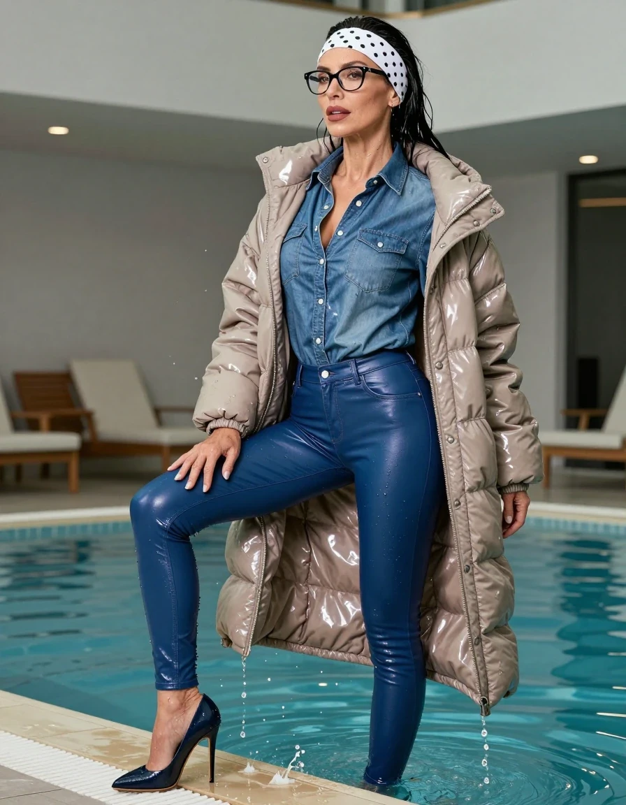 photo of young woman, in soaking wet, drenched clothes,
high-heeled  shoes, Tight long blue shiny leather jeans ,  shiny Blue denim shirt with long sleeves, maxi light Brown plastic down jacket ,  after Bath in indoor pool, 
enjoying, wet clothes stuck to body,
detailed textures of the wet clothes, wet face, wet plastered hair,
wet, drenched, professional, high-quality details, full body view.
sharp focus, ultra-high pixel detail, realistic, high-quality, full colors, incredibly detailed, 4k, 8k, 16k, hyper-realistic, RAW photo, masterpiece, ultra-detailed, professionally color graded, professional photograph, european brunette skinny woman 50 years old, long dark black hair, office glasses, white headband wth black polka dots, very big and thick lips, complete body, wet skin, wet clothes, damp fabric, wet skin, wet clothes, damp fabric, wet skin, wet clothes, damp fabric, wet skin, wet clothes, damp fabric, wet skin, wet clothes, damp fabric, wet skin, wet clothes, damp fabric, wet skin, wet clothes, damp fabric, wet skin, wet clothes, damp fabric, wet skin, wet clothes, damp fabric, wet skin, wet clothes, damp fabric