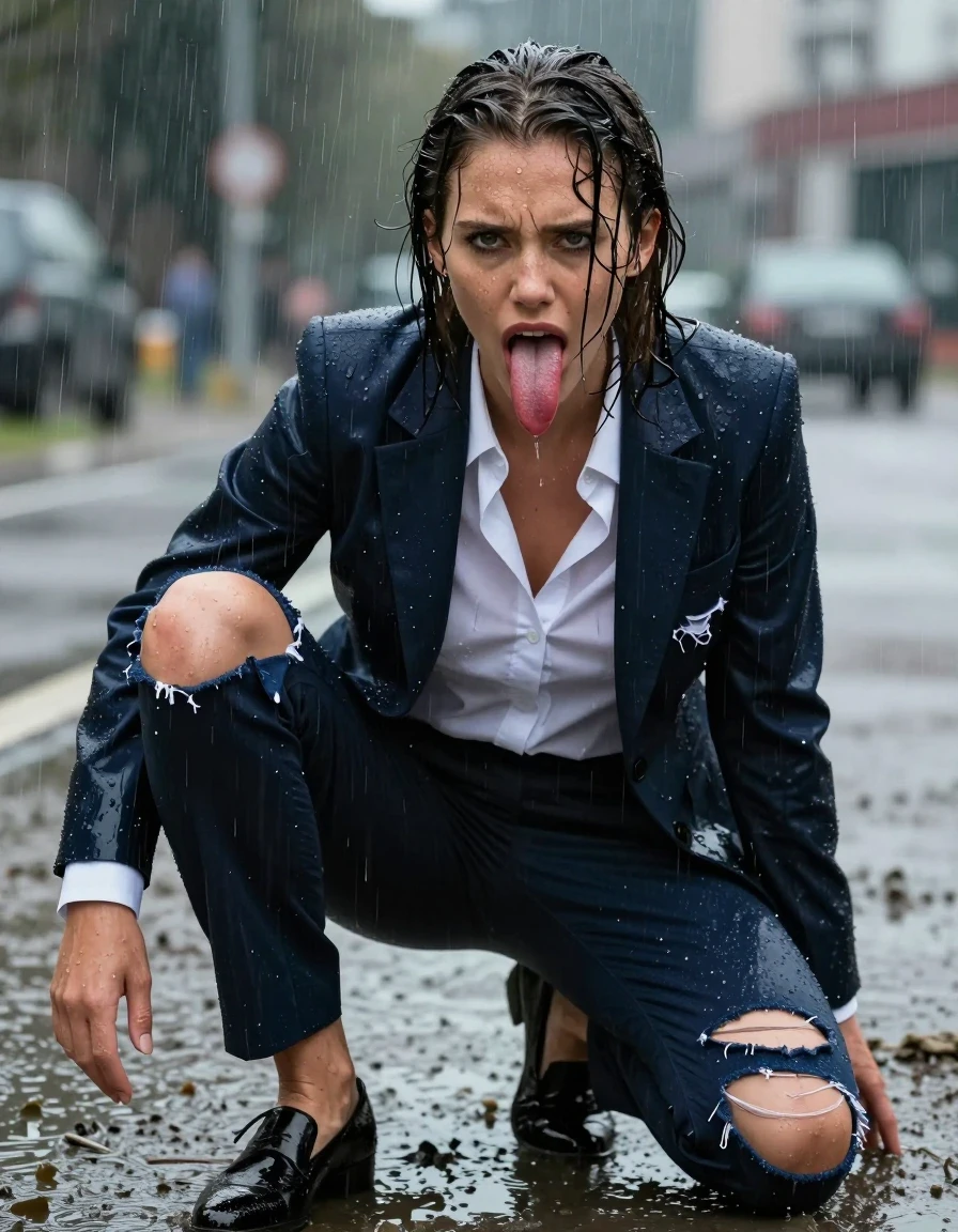 photo of young woman, in soaking wet, drenched clothes,
Shoes, Ripped office trousers , Ripped unbuttoned office shirt and ripped jacket, Newsreporter under heavy rain and mud, 
enjoying, wet clothes stuck to body,
detailed textures of the wet clothes, wet face, wet plastered hair,
wet, drenched, professional, high-quality details, full body view.
sharp focus, ultra-high pixel detail, realistic, high-quality, full colors, incredibly detailed, 4k, 8k, 16k, hyper-realistic, RAW photo, masterpiece, ultra-detailed, professionally color graded, professional photograph, Sucking dick, wet skin, wet clothes, damp fabric