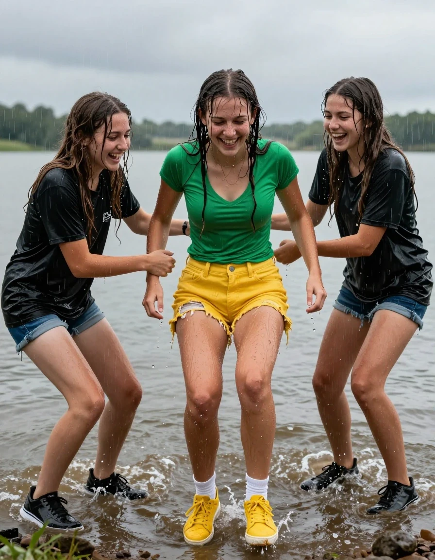 photo of young woman, in soaking wet, drenched clothes,
yellow sneakers with white socks, very short yellow denim cutoff shorts, very tight green tee shirt vee neck with no bra underneath, at the shore of a muddy lake on a rainy cloudy day.  , 
enjoying, wet clothes stuck to body,
detailed textures of the wet clothes, wet face, wet plastered hair,
wet, drenched, professional, high-quality details, full body view.
sharp focus, ultra-high pixel detail, realistic, high-quality, full colors, incredibly detailed, 4k, 8k, 16k, hyper-realistic, RAW photo, masterpiece, ultra-detailed, professionally color graded, professional photograph, Three college teens are playing with each other. All teens have long wet tangled brunette hair. All clothes are very wet. They are holding her hands and feet and swinging her into the lake like a hammock . They are all laughing. All fabric, hair, clothes, bodies drenched, soaking wet. It is raining hard and water is dripping off of all their clothes and hair The green tee  shirt and yellow shorts is ripped and muddy, wet skin, wet clothes, damp fabric