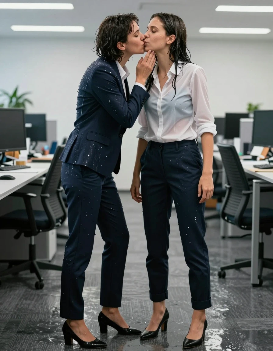 photo of young woman, in soaking wet, drenched clothes,
Shoes, Office trousers, Office shirt and jacket, Party in office , 
enjoying, wet clothes stuck to body,
detailed textures of the wet clothes, wet face, wet plastered hair,
wet, drenched, professional, high-quality details, full body view.
sharp focus, ultra-high pixel detail, realistic, high-quality, full colors, incredibly detailed, 4k, 8k, 16k, hyper-realistic, RAW photo, masterpiece, ultra-detailed, professionally color graded, professional photograph, Kissing one colleague, wet skin, wet clothes, damp fabric
