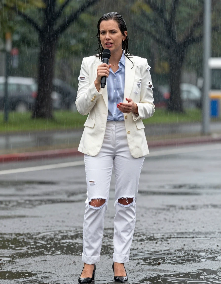 photo of young woman, in soaking wet, drenched clothes,
Shoes, Ripped office white trousers , Ripped office striped blue and white shirt and ripped jacket, Newsreporter under heavy rain and mud, 
enjoying, wet clothes stuck to body,
detailed textures of the wet clothes, wet face, wet plastered hair,
wet, drenched, professional, high-quality details, full body view.
sharp focus, ultra-high pixel detail, realistic, high-quality, full colors, incredibly detailed, 4k, 8k, 16k, hyper-realistic, RAW photo, masterpiece, ultra-detailed, professionally color graded, professional photograph, Speaking, wet skin, wet clothes, damp fabric