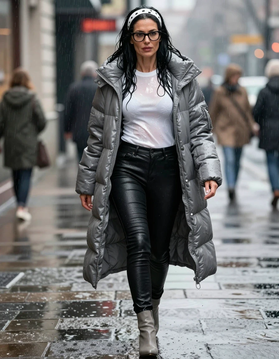 photo of young woman, in soaking wet, drenched clothes,
high-heeled gray boots , Tight long black leather jeans ,  shiny white floral  tight sweater with long sleeves, maxi gray shiny down jacket , Walking under hard rain, 
enjoying, wet clothes stuck to body,
detailed textures of the wet clothes, wet face, wet plastered hair,
wet, drenched, professional, high-quality details, full body view.
sharp focus, ultra-high pixel detail, realistic, high-quality, full colors, incredibly detailed, 4k, 8k, 16k, hyper-realistic, RAW photo, masterpiece, ultra-detailed, professionally color graded, professional photograph, european brunette skinny woman 50 years old, long dark black hair, office glasses, white headband wth black polka dots, very big and thick lips, complete body, wet skin, wet clothes, damp fabric, wet skin, wet clothes, damp fabric, wet skin, wet clothes, damp fabric, wet skin, wet clothes, damp fabric, wet skin, wet clothes, damp fabric, wet skin, wet clothes, damp fabric, wet skin, wet clothes, damp fabric, wet skin, wet clothes, damp fabric, wet skin, wet clothes, damp fabric