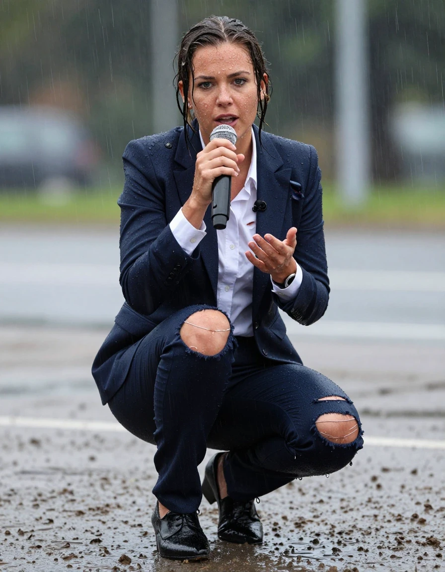 photo of young woman, in soaking wet, drenched clothes,
Shoes, Ripped office trousers , Ripped office shirt and ripped jacket, Newsreporter under heavy rain and mud, 
enjoying, wet clothes stuck to body,
detailed textures of the wet clothes, wet face, wet plastered hair,
wet, drenched, professional, high-quality details, full body view.
sharp focus, ultra-high pixel detail, realistic, high-quality, full colors, incredibly detailed, 4k, 8k, 16k, hyper-realistic, RAW photo, masterpiece, ultra-detailed, professionally color graded, professional photograph, Speaking, wet skin, wet clothes, damp fabric